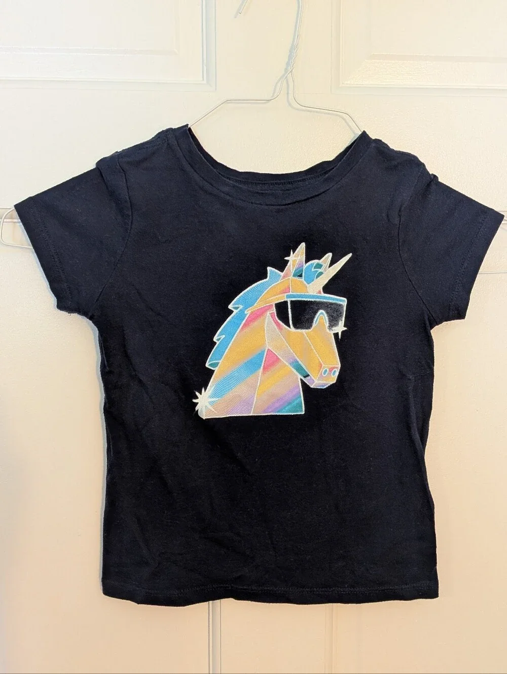 Kids Black T-Shirt screenprint Unicorn with Sunglasses